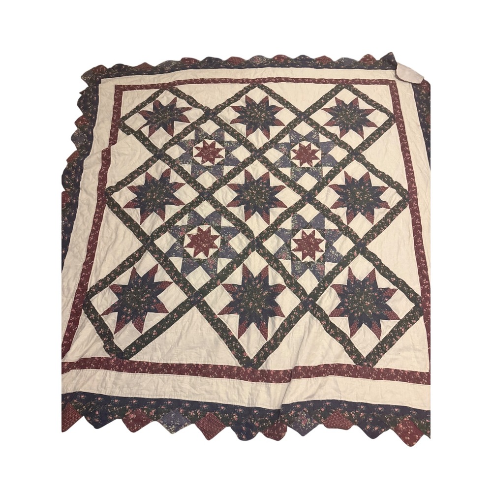 Vintage Style Patchwork Star Quilt Scalloped Edge Floral Burgundy Navy 83x79